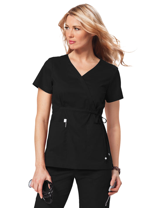 Women's 2-Pocket Adjustable Front-Tie Mock-Wrap Katelyn Scrub Top - 137 - Black