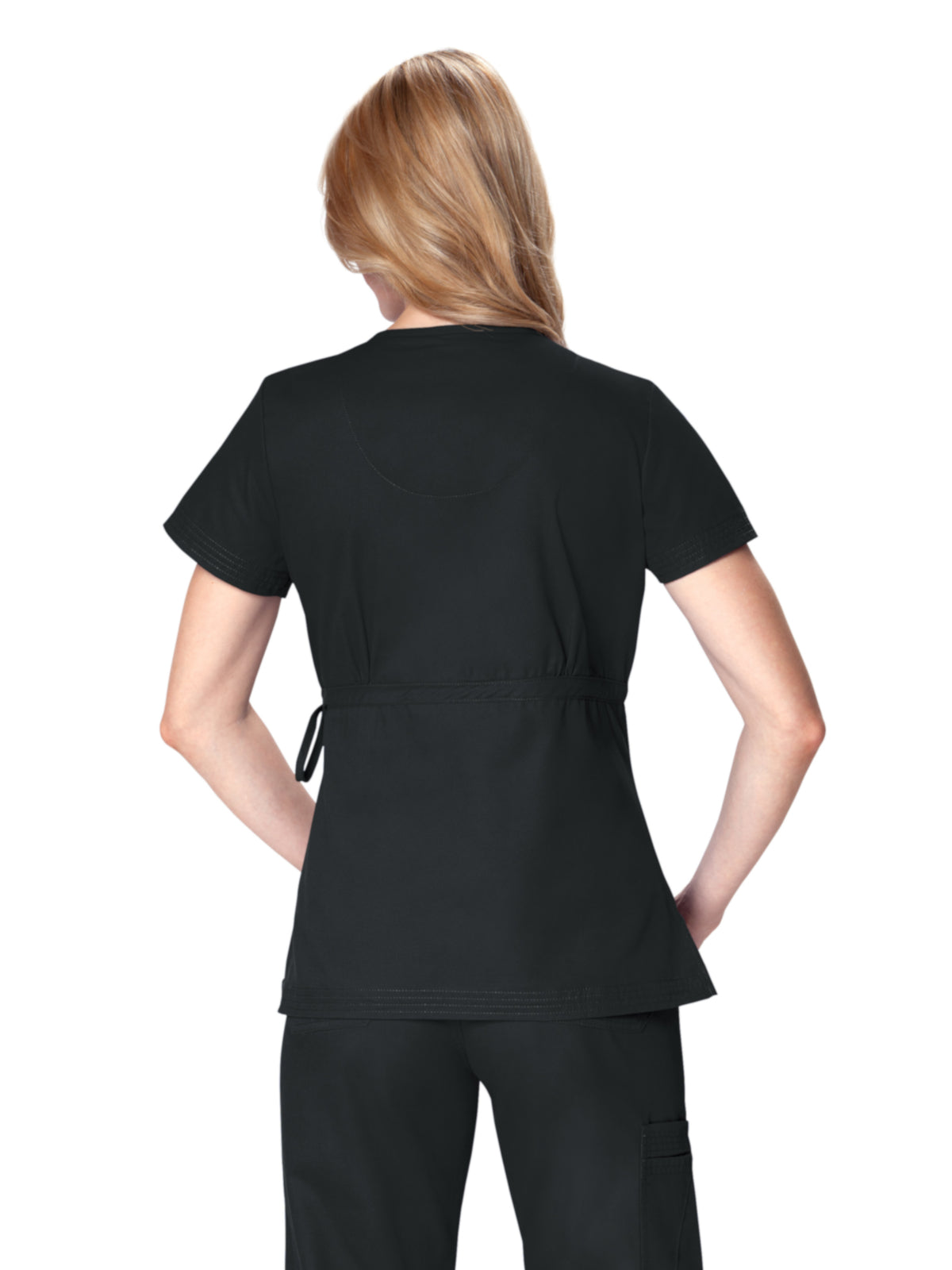 Women's 2-Pocket Adjustable Front-Tie Mock-Wrap Katelyn Scrub Top - 137 - Black