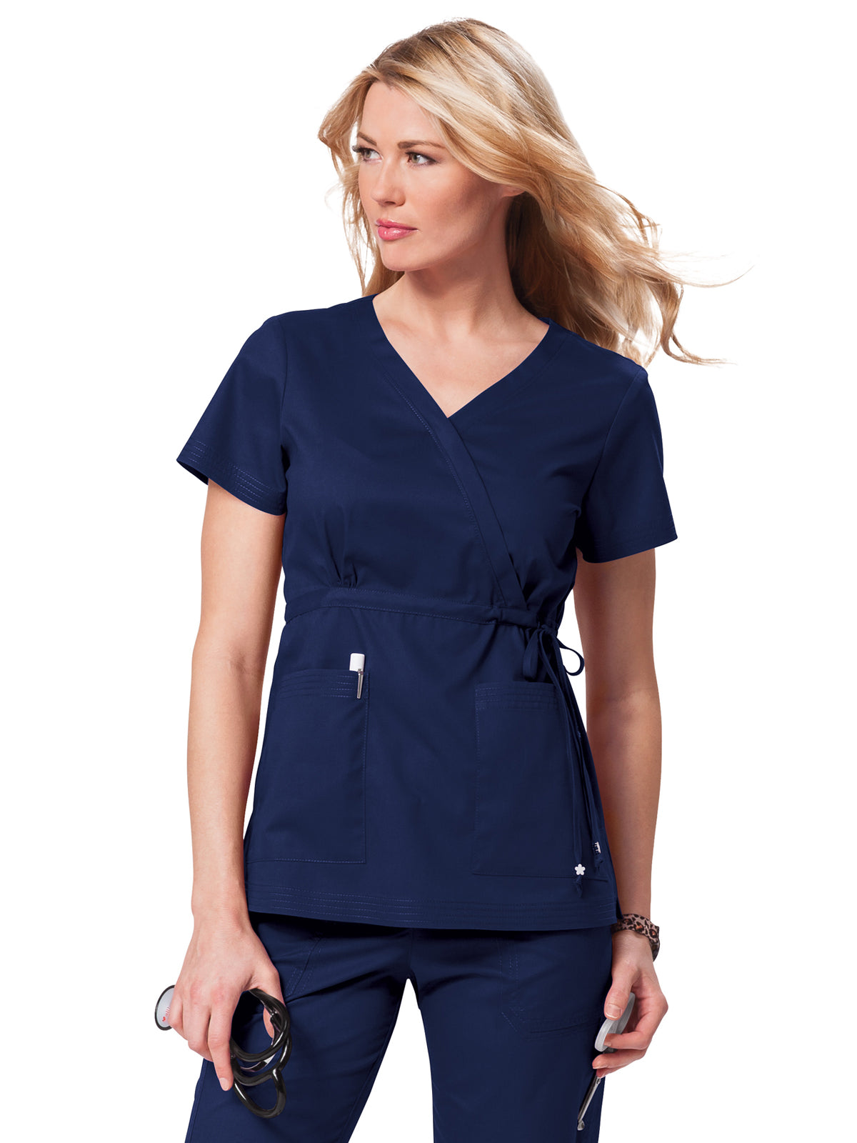 Women's 2-Pocket Adjustable Front-Tie Mock-Wrap Katelyn Scrub Top - 137 - Navy