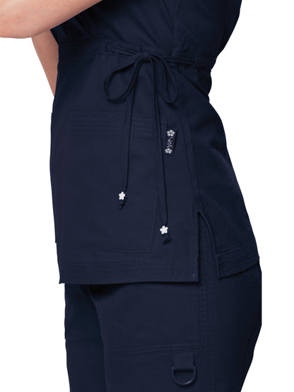 Women's 2-Pocket Adjustable Front-Tie Mock-Wrap Katelyn Scrub Top - 137 - Navy