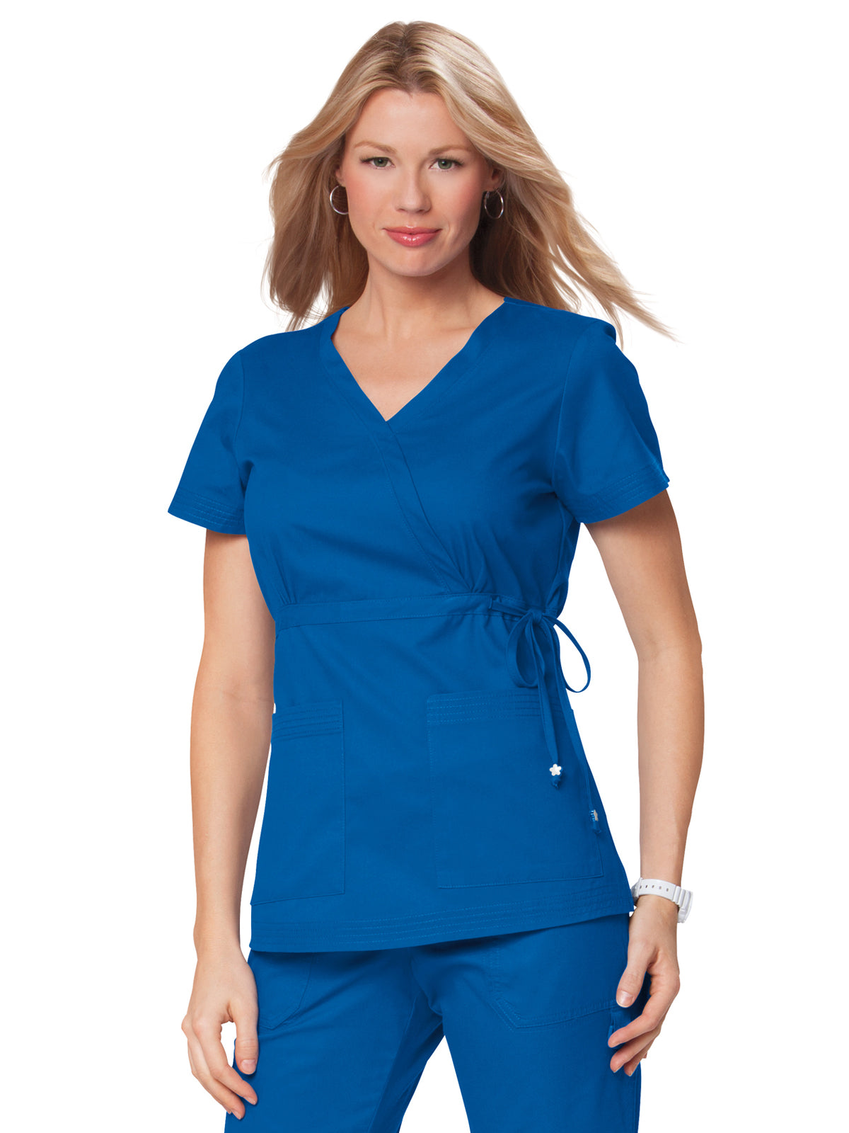 Women's 2-Pocket Adjustable Front-Tie Mock-Wrap Katelyn Scrub Top - 137 - Royal Blue