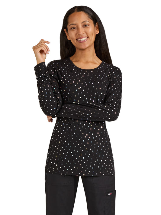 Women's Foil-Printed Crewneck Long Sleeve Underscrub Tee - 167PR - Iridescent Diamond Pattern