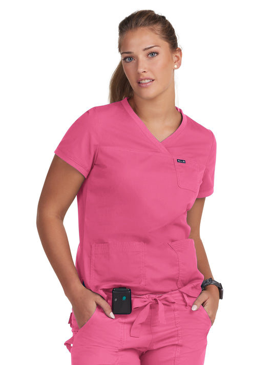 Women's Three-Pocket Soft Rib Trim V-Neck Nicole Top - 247 - Geranium