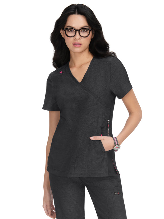 Women's 3-Pocket Mock-Wrap Philosophy Scrub Top - 316 - Heather Charcoal