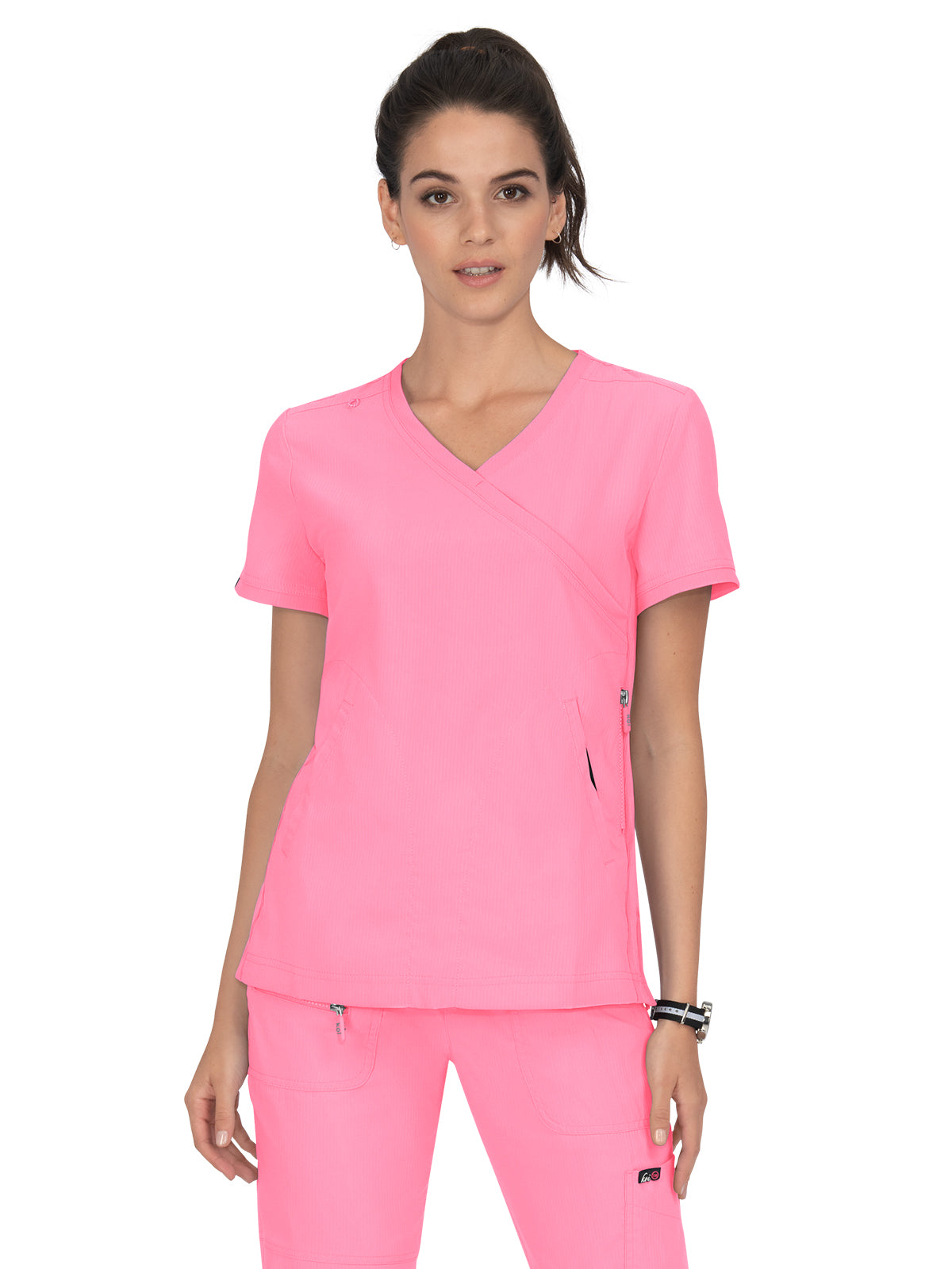 Women's 3-Pocket Mock-Wrap Philosophy Scrub Top - 316 - Peony Pink