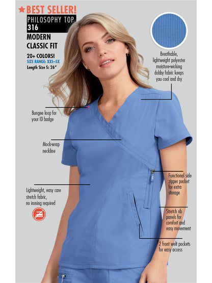 Women's 3-Pocket Mock-Wrap Philosophy Scrub Top - 316 - True Ceil