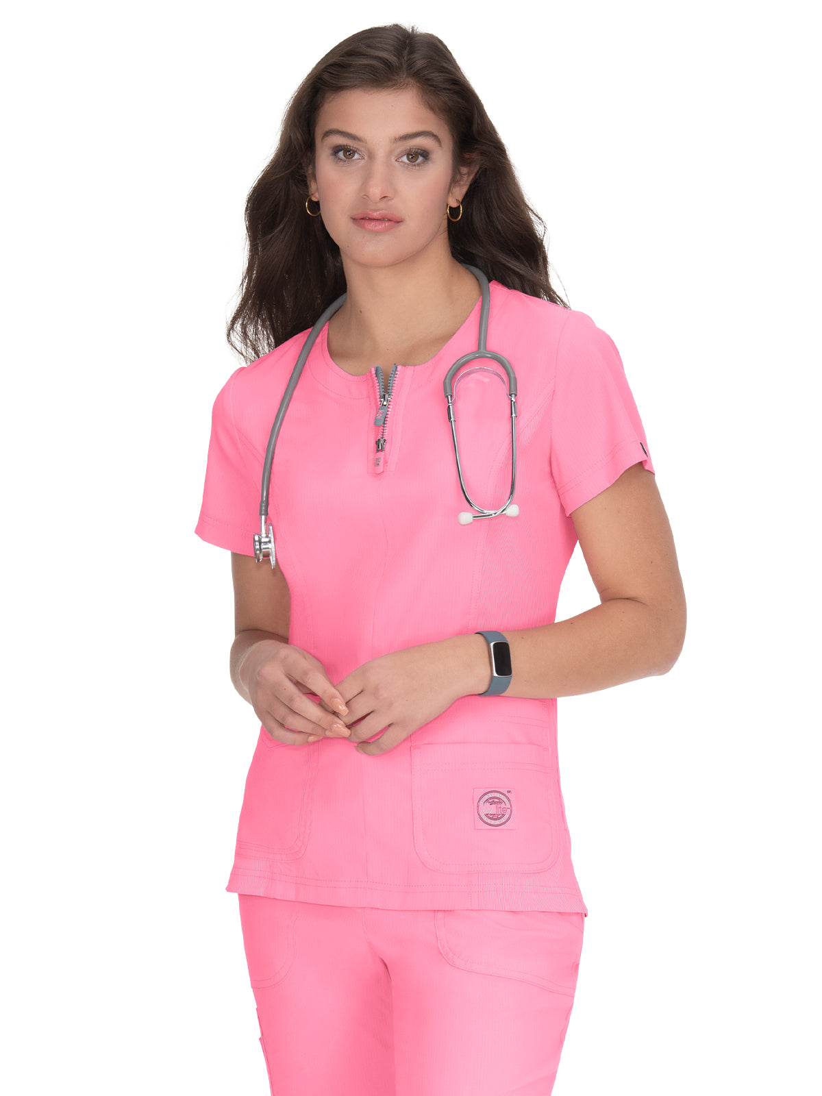 Women's 4-Pocket Zipper Neck Serenity Scrub Top - 317 - Peony Pink