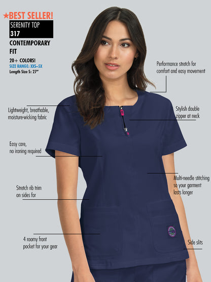 Women's 4-Pocket Zipper Neck Serenity Scrub Top - 317 - True Ceil