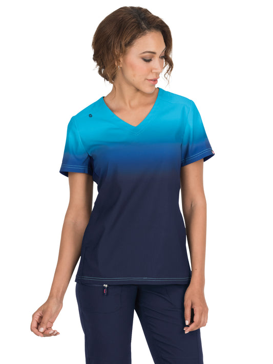 Women's 2-Pocket Stretch Ombre Print Reform Scrub Top - 370PR - Electric Blue/Navy