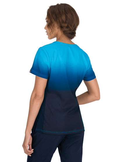 Women's 2-Pocket Stretch Ombre Print Reform Scrub Top - 370PR - Electric Blue/Navy