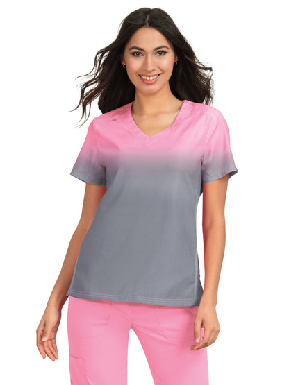 Women's 2-Pocket Stretch Ombre Print Reform Scrub Top - 370PR - More Pink/Platinum Grey