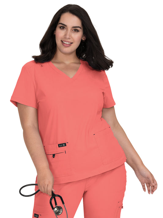 Women's 4-Pocket Stretch V-Neck Becca Scrub Top - 373 - Coral