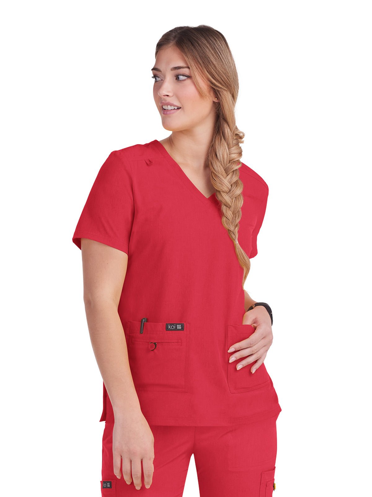 Women's Four-Pocket Stretch V-Neck Becca Top - 373 - Heather Candy Red
