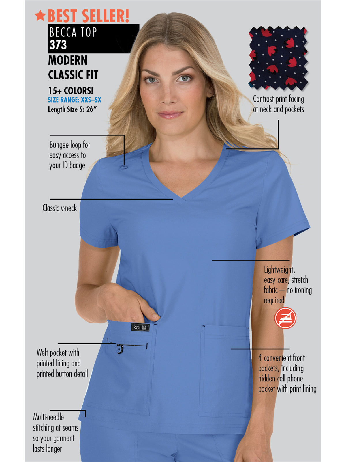 Women's 4-Pocket Stretch V-Neck Becca Scrub Top - 373 - Teal