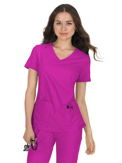 Women's Four-Pocket Mock-Wrap Neck Katie Top - 374 - Azalea Pink