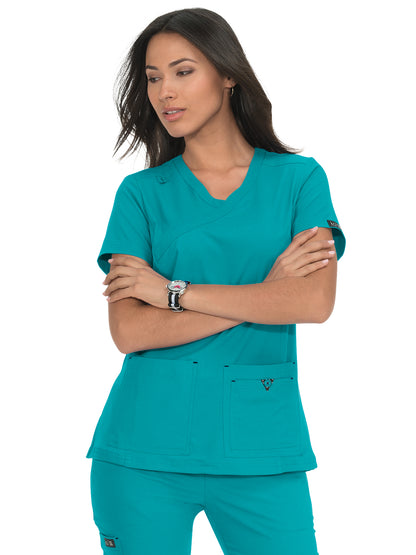 Women's Four-Pocket Mock-Wrap Neck Katie Top - 374 - Teal