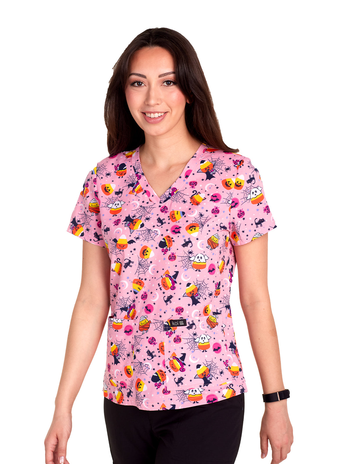 Women's Athletic-Inspired, Breathable Mesh Leslie Scrub Top - 384PR - Candy Corn Cuties