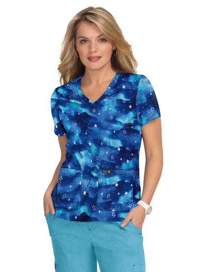 Women's Athletic-Inspired, Breathable Mesh Leslie Scrub Top - 384PR - Camo Starlette Electric Blue