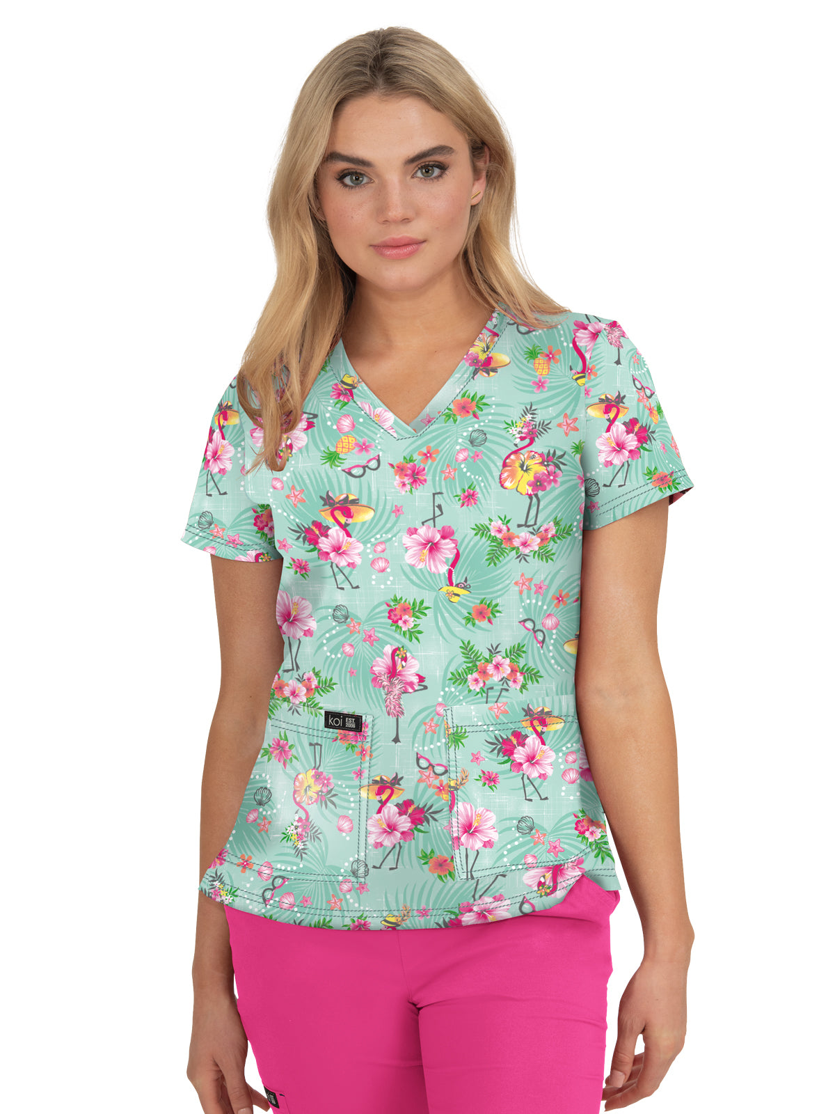 Women's Athletic-Inspired, Breathable Mesh Leslie Scrub Top - 384PR - Summer Flamingo