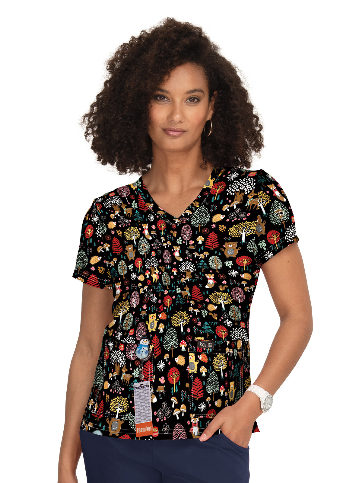 Women's Athletic-Inspired, Breathable Mesh Leslie Scrub Top - 384PR - Woodland Creatures