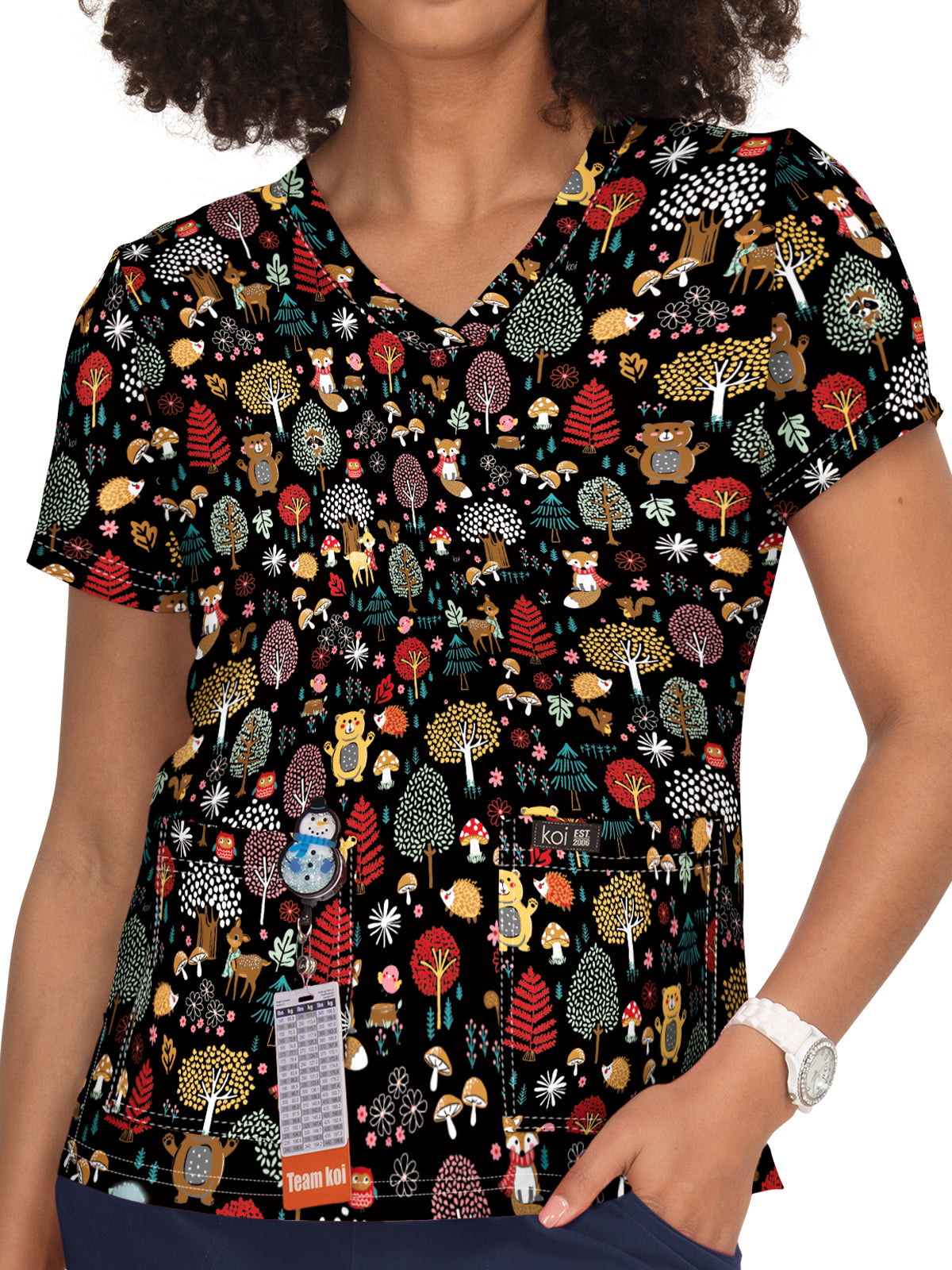 Women's Athletic-Inspired, Breathable Mesh Leslie Scrub Top - 384PR - Woodland Creatures