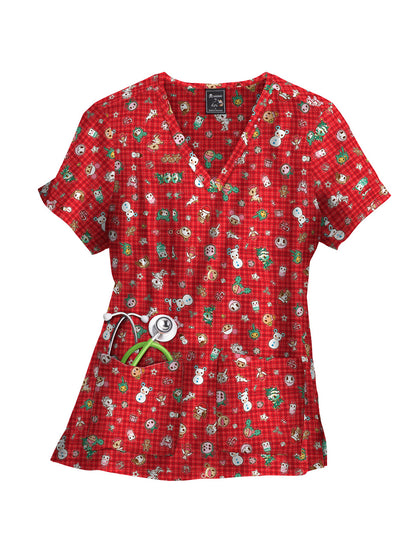 Women's 2-Pocket Sporty V-Neck Print Leslie Scrub Top - 384TKD - Holiday Flannel