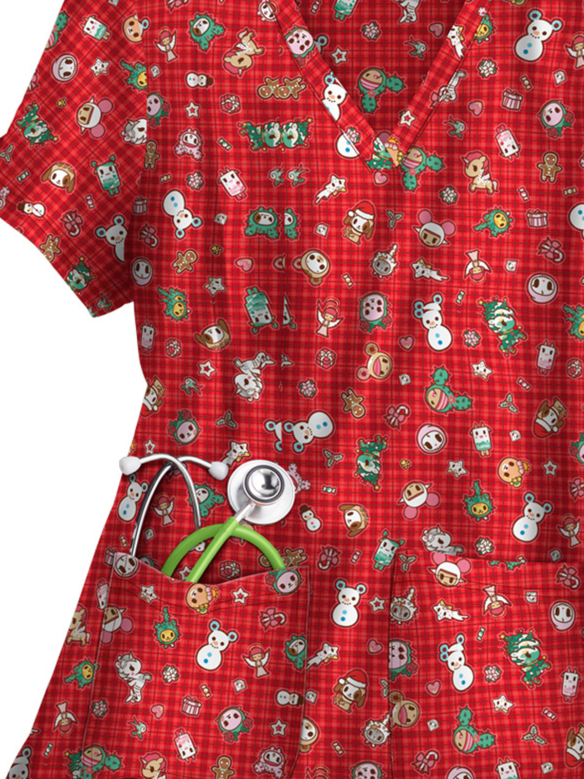 Women's 2-Pocket Sporty V-Neck Print Leslie Scrub Top - 384TKD - Holiday Flannel