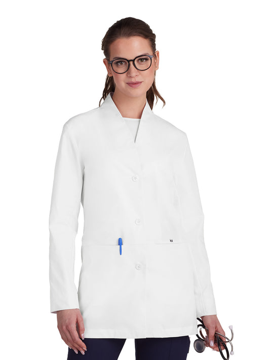 Women's Four-Pocket Collarless Pearlized Button-Front Care Lab Coat - 465 - White