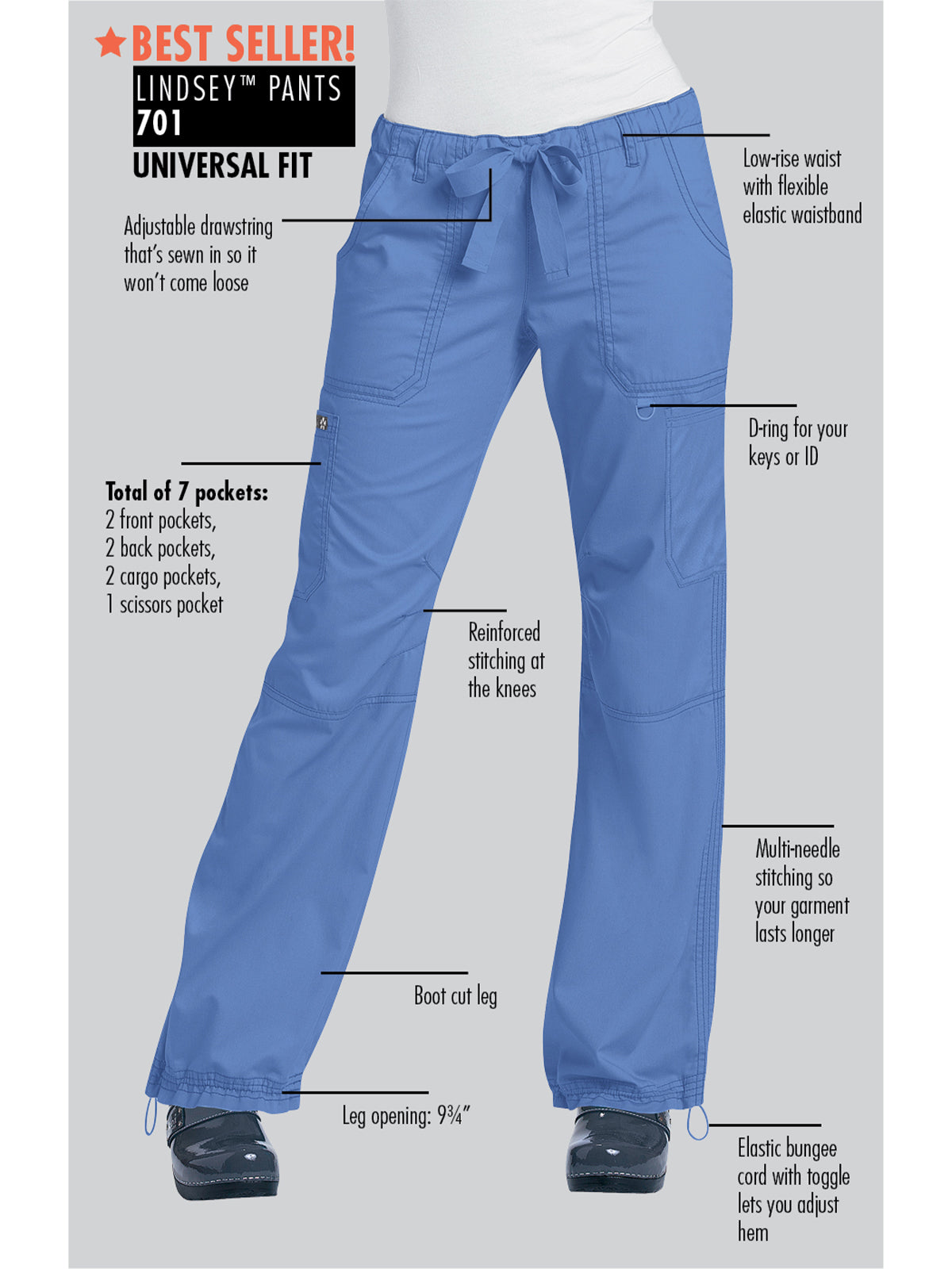 Women's 7-Pocket Adjustable Drawstring Lindsey Cargo Scrub Pant - 701 - Galaxy