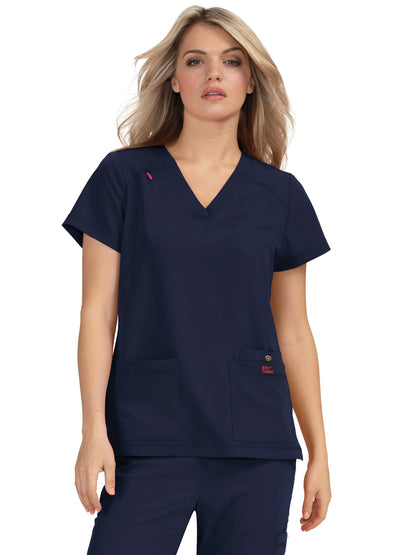Women's Three-Pocket Snap-Button Placket V-Neck Freesia Top - B101 - Navy