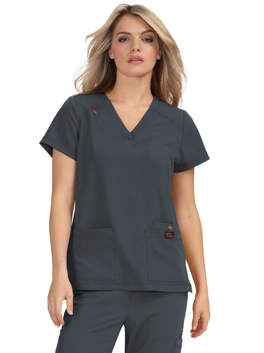 Women's Three-Pocket Snap-Button Placket V-Neck Freesia Top - B101 - Charcoal