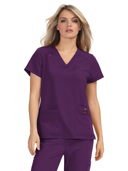 Women's Three-Pocket Snap-Button Placket V-Neck Freesia Top - B101 - Eggplant