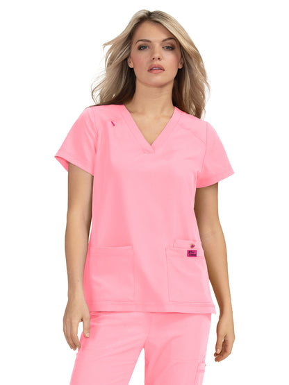 Women's Three-Pocket Snap-Button Placket V-Neck Freesia Top - B101 - Sweet Pink