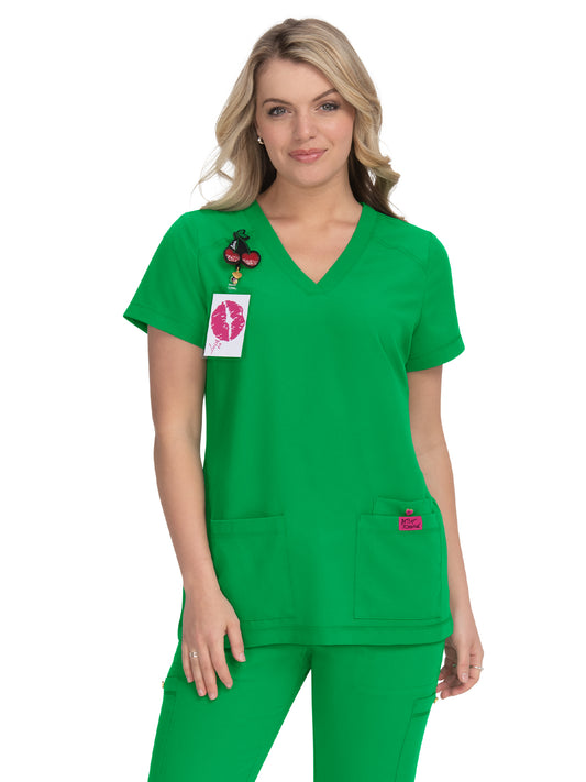 Women's Three-Pocket Snap-Button Placket V-Neck Freesia Top - B101 - Lucky Green