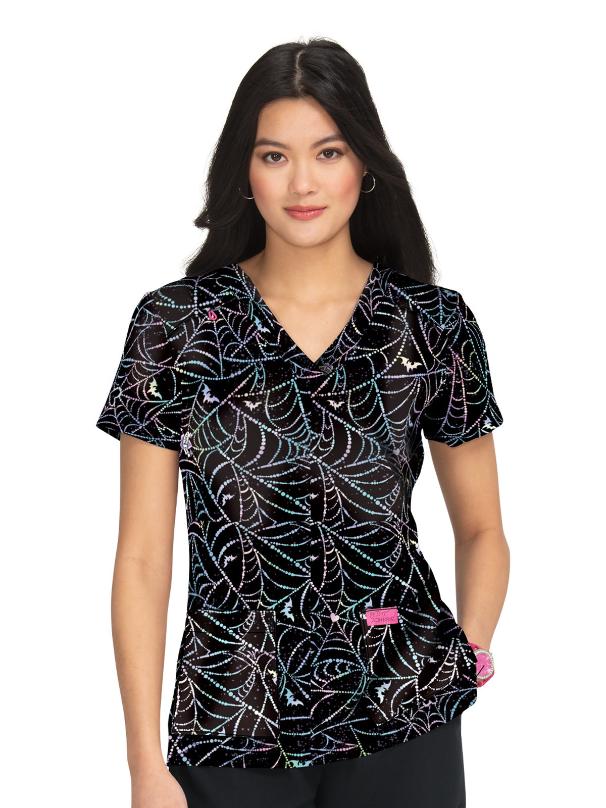 Women's 2-Pocket Print V-Neck Bell Scrub Top - B120PR - Dazzling Webs