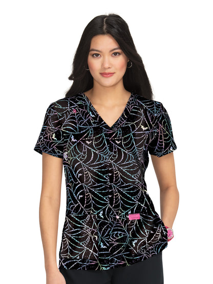 Women's 2-Pocket Print V-Neck Bell Scrub Top - B120PR - Dazzling Webs