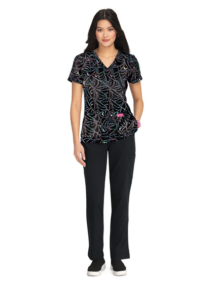 Women's 2-Pocket Print V-Neck Bell Scrub Top - B120PR - Dazzling Webs