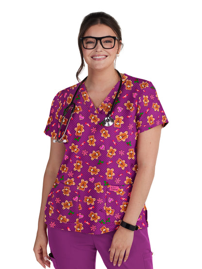 Women's 2-Pocket Print V-Neck Bell Scrub Top - B120PR - Gingerbread Delights