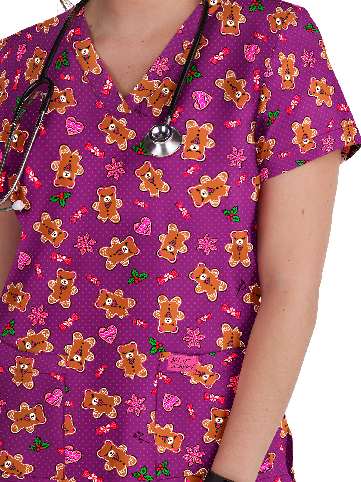 Women's 2-Pocket Print V-Neck Bell Scrub Top - B120PR - Gingerbread Delights