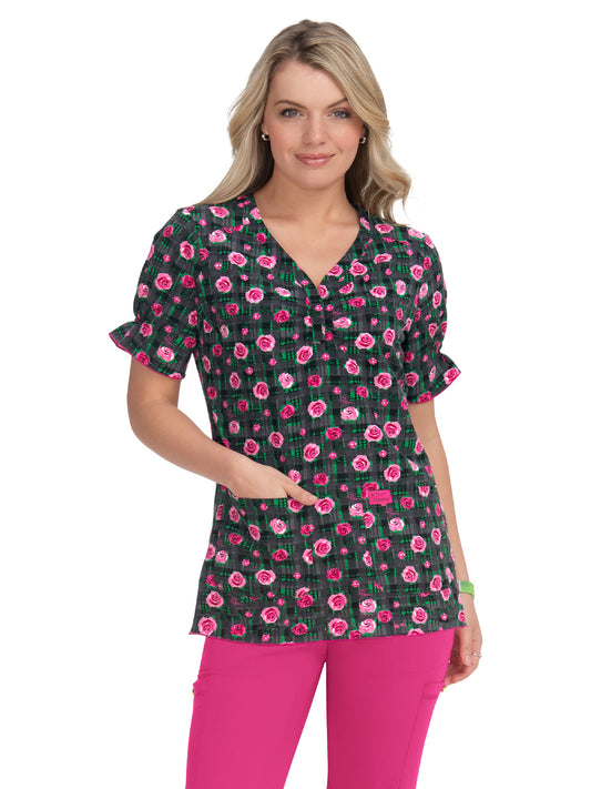 Women's 2-Pocket Heart-Shaped Neck Print Canola Scrub Top - B126PR - Cozy Roses