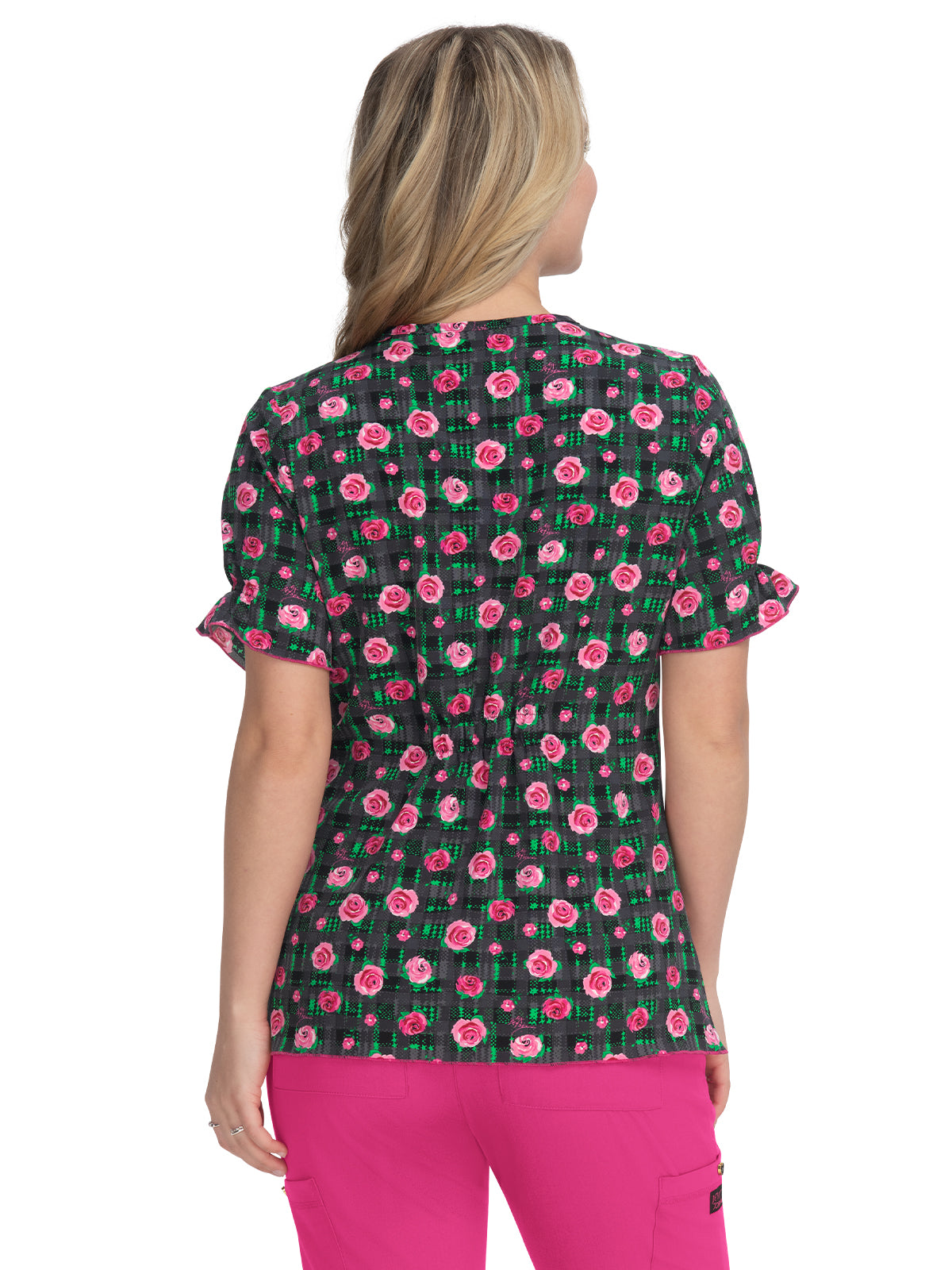 Women's 2-Pocket Heart-Shaped Neck Print Canola Scrub Top - B126PR - Cozy Roses