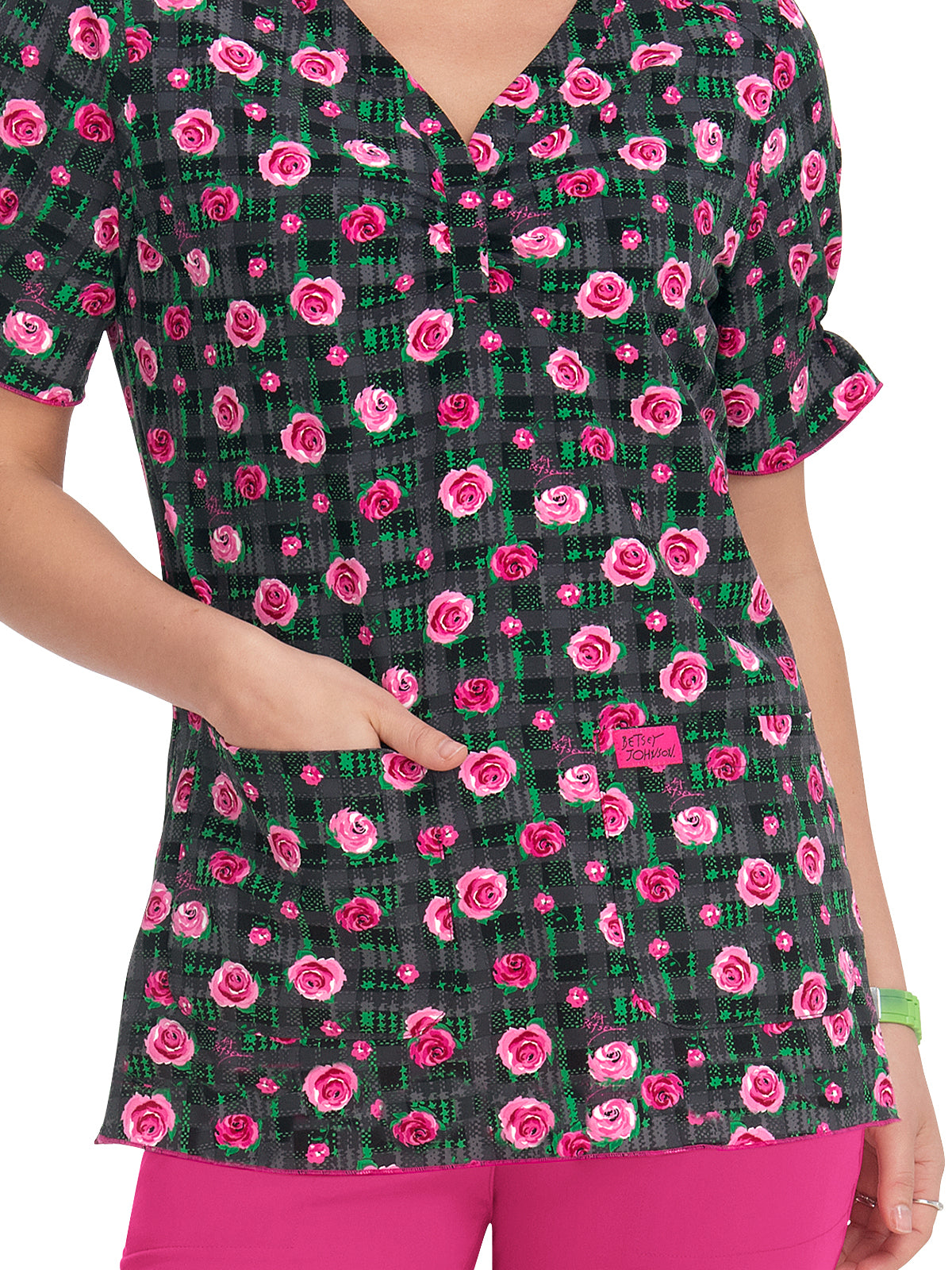 Women's 2-Pocket Heart-Shaped Neck Print Canola Scrub Top - B126PR - Cozy Roses