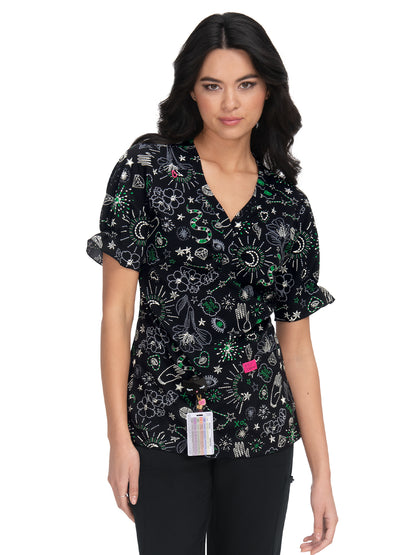 Women's 2-Pocket Heart-Shaped Neck Print Canola Scrub Top - B126PR - Fate and Fortune