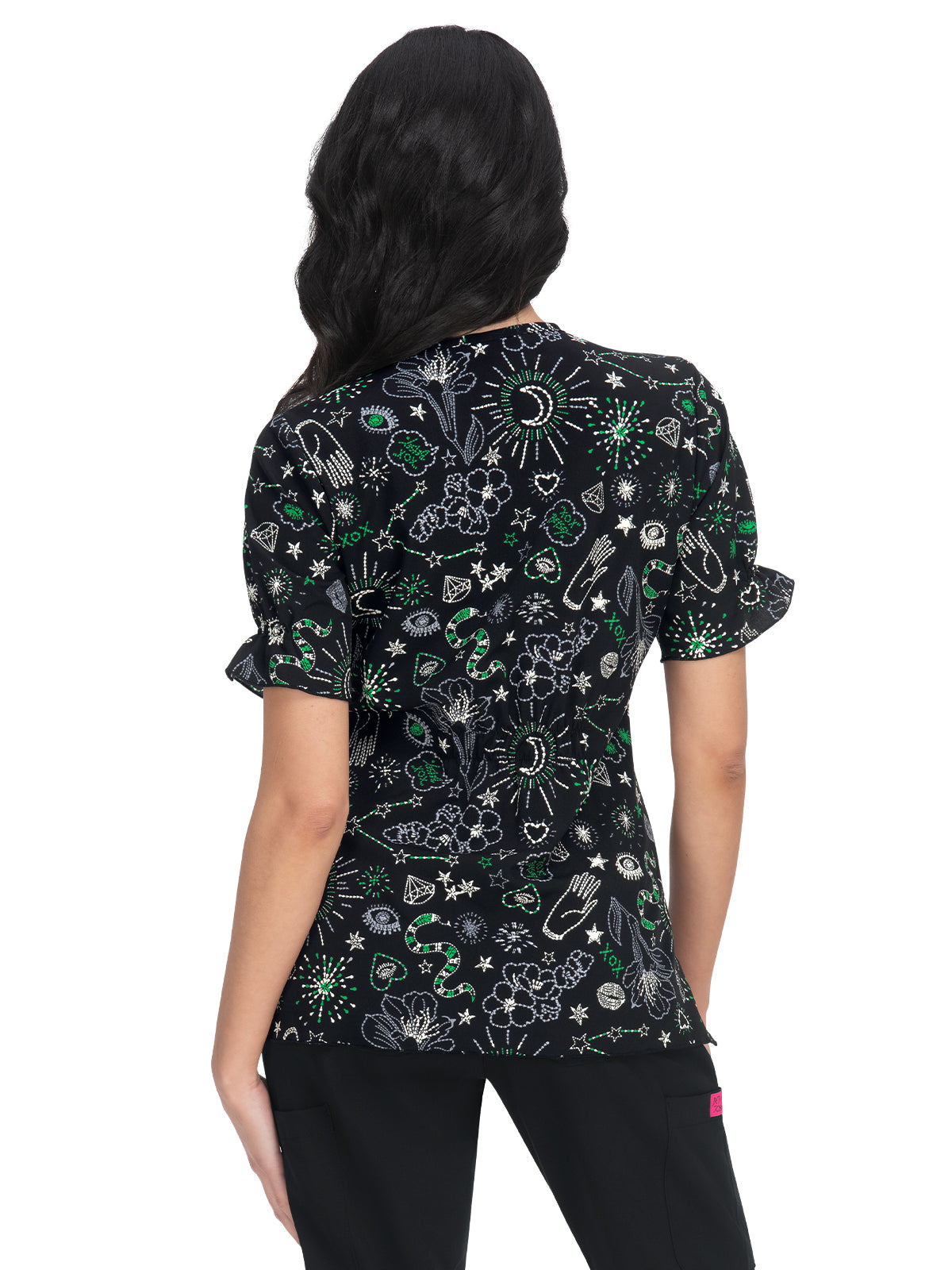 Women's 2-Pocket Heart-Shaped Neck Print Canola Scrub Top - B126PR - Fate and Fortune