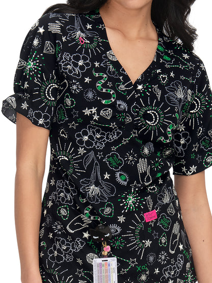 Women's 2-Pocket Heart-Shaped Neck Print Canola Scrub Top - B126PR - Fate and Fortune