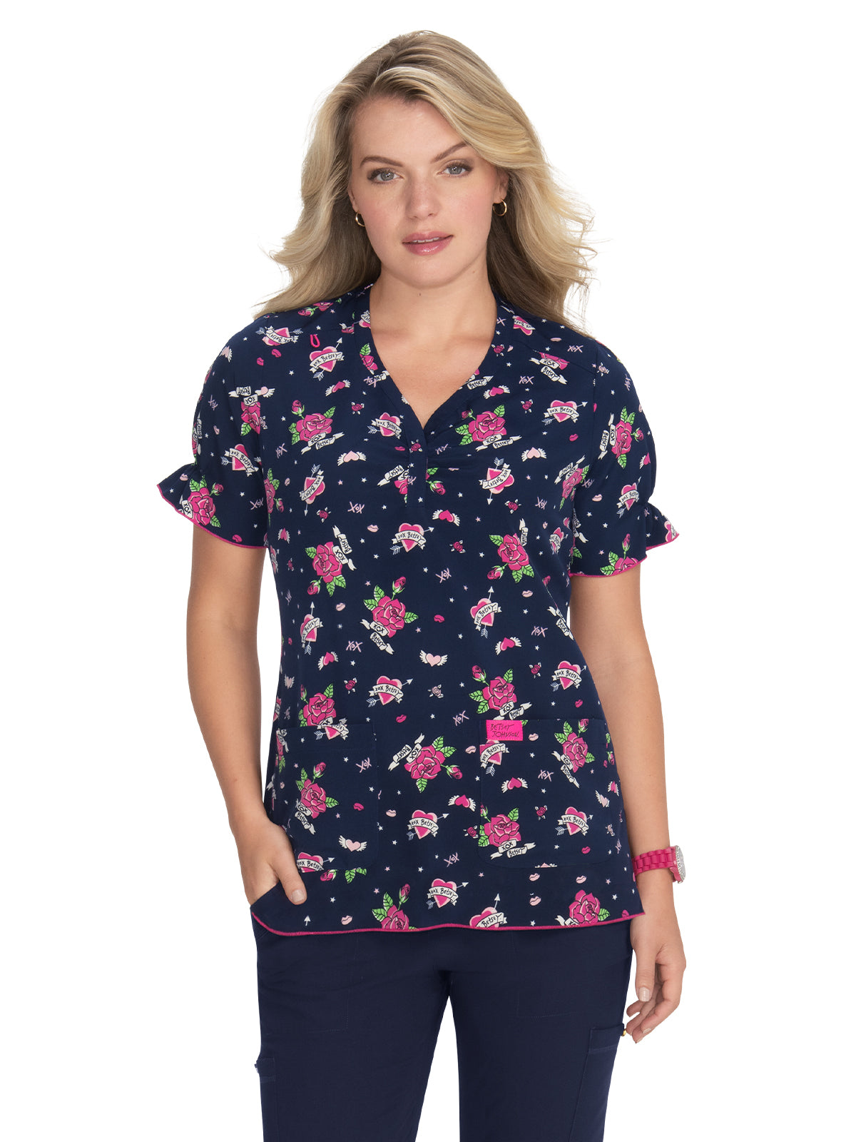 Women's 2-Pocket Heart-Shaped Neck Print Canola Scrub Top - B126PR - Love and More Kisses