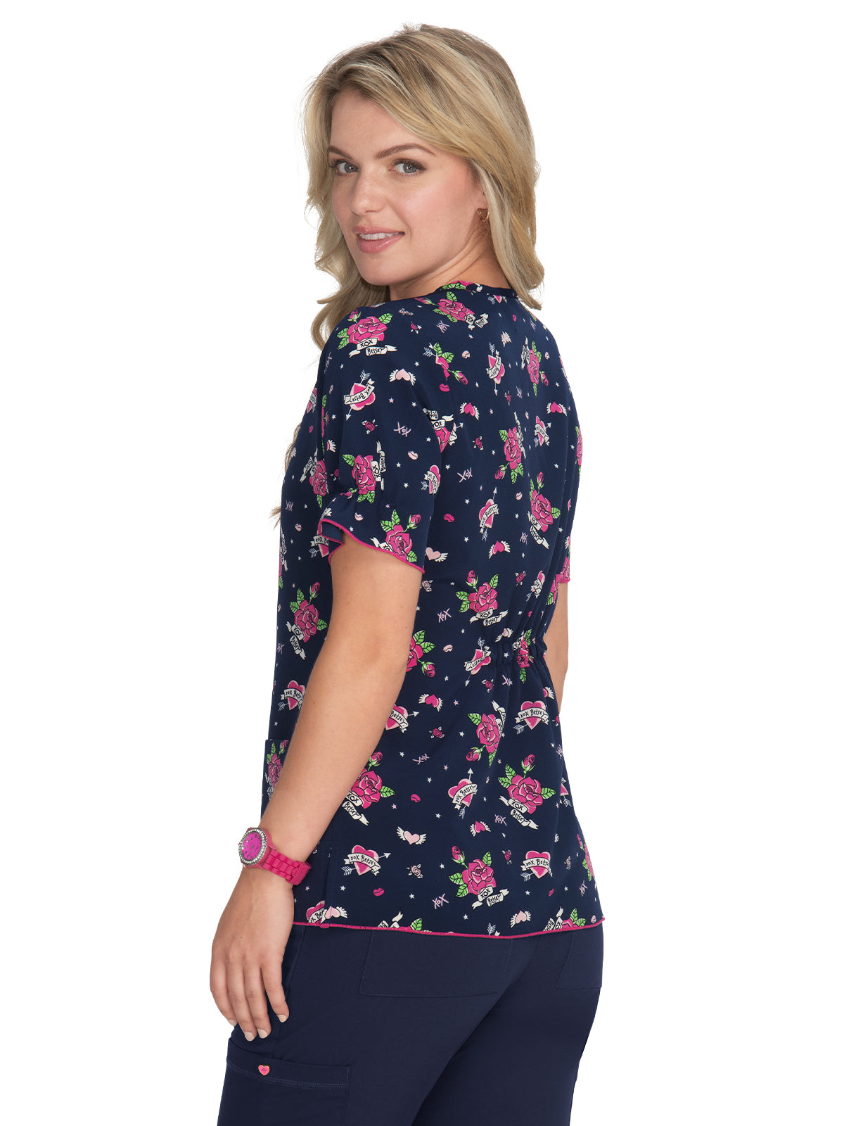 Women's 2-Pocket Heart-Shaped Neck Print Canola Scrub Top - B126PR - Love and More Kisses