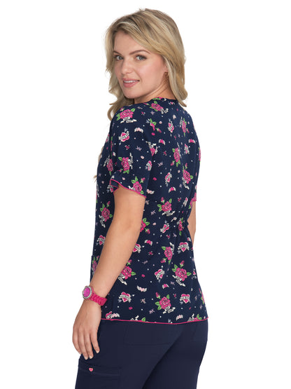 Women's 2-Pocket Heart-Shaped Neck Print Canola Scrub Top - B126PR - Love and More Kisses