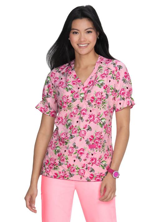 Women's 2-Pocket Heart-Shaped Neck Print Canola Scrub Top - B126PR - Sweet and Bumble