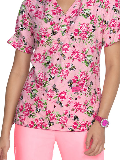 Women's 2-Pocket Heart-Shaped Neck Print Canola Scrub Top - B126PR - Sweet and Bumble